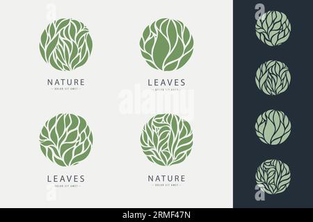 Vektorsatz aus Blattkreislogos, grünen, abstrakten Symbolen der Natur. Ogranic-Rundform-Embleme. Stock Vektor
