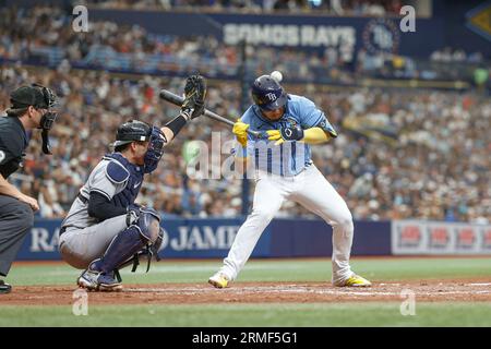 St. Petersburg, FL USA; Tampa Bay raht dritter Baseman Isaac Paredes (17) wird von einem Pitch des New York Yankees Relief Pitchers Ian Hamilto in den Kopf geschlagen Stockfoto