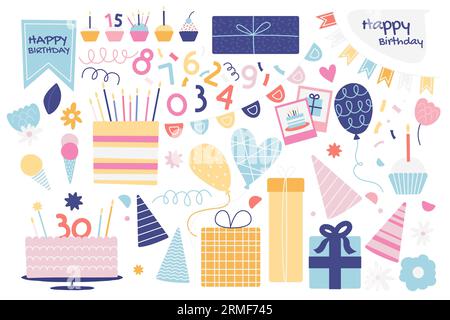 Geburtstagsparty-Set. Bunte Cartoon-Elemente für Partyfeiern, bunte süße Elemente für die Dekoration von Grußkarten. Vektor-isolierte Sammlung Stock Vektor
