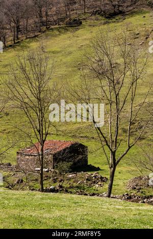 Rustikale Ruhe: Die Steinhütte in der Landschaft von Kantabrien bietet einen idyllischen Urlaub in Nordspanien Stockfoto