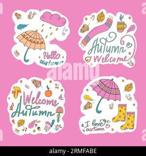 Willkommen im Herbst. Aufkleber mit Herbstelementen und Schriftzug. Aufkleber oder Design mit Platz für Text. Hand gezeichnet im Doodle-Stil. Isolierte Abbildung Stock Vektor