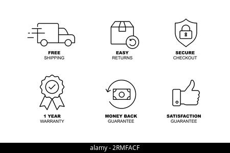 E-Commerce-Konfidenzsymbole: Kostenloser Versand, einfache Rückgabe, Geld-zurück-Garantie, Zufriedenheitsgarantie, sichere Kasse, und Garantie. Stock Vektor