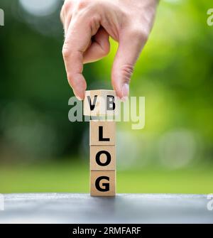 Ein Stapel Holzwürfel bilden die Wörter vlog und Blog. Stockfoto