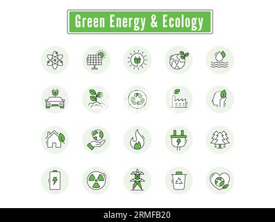 Grüne Energie- und Ökologie-Symbole: Hochwertige Vektorsymbole mit editierbaren Konturen und Farben. Stock Vektor