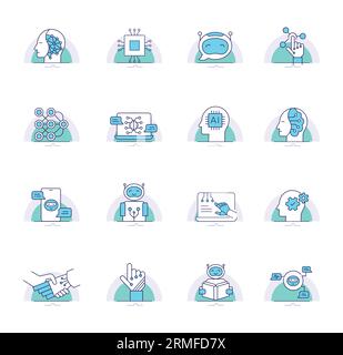 Liniensymbole für künstliche Intelligenz. AI-Symbole für dünne Linien. Robotik-Vektorsymbole. Bearbeitbare Kontur. Stock Vektor