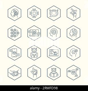Liniensymbole für künstliche Intelligenz. AI-Symbole für dünne Linien. Robotik-Vektorsymbole. Bearbeitbare Kontur. Stock Vektor