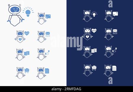 Innovative KI-Robotersymbole für kreative Projekte. AI Robot Illustration Pack für Künstliche Intelligenz, Chat, GPT und Automatisierungstechnik. Stock Vektor