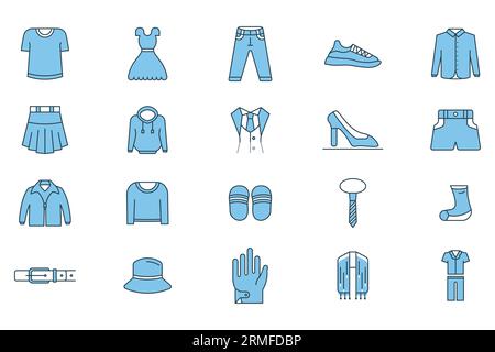 Symbol für Kleidungsset. Enthält Icons T-Shirt, Kleid, Jeans, Turnschuhe, Shirt, usw. Symbolstil mit flacher Linie. Einfache Vektorkonstruktion bearbeitbar Stock Vektor