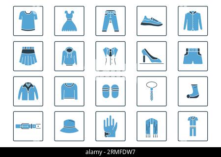 Symbol für Kleidungsset. Enthält Icons T-Shirt, Kleid, Jeans, Turnschuhe, Shirt, usw. Durchgehender Symbolstil. Einfache Vektorkonstruktion bearbeitbar Stock Vektor
