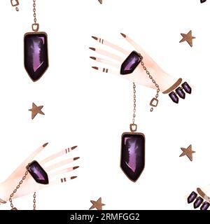 Magisches nahtloses Muster. Frauenhand mit einem Kristall an einer Kette und goldenen Sternen. Ritual zur Vorhersage der Zukunft. Lithomancy. Mystische Wahrsagung. Whit Stockfoto