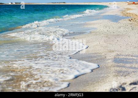 Blaues Wasser und viele weiße Körner auf dem Strand Arutas, bekannt als Reisstrand in Sardinien, Italien Stockfoto