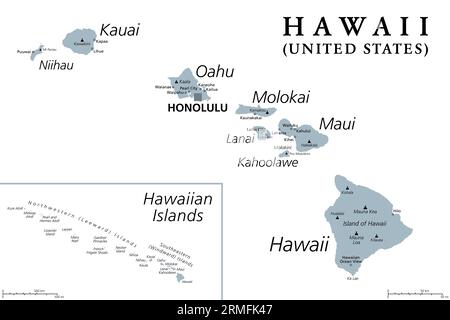 Hawaiianische Inseln, graue politische Karte. Archipel mit 8 großen vulkanischen Inseln, mehreren Atollen und zahlreichen kleineren Inseln im Nordpazifik. Stockfoto