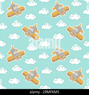 Spielzeugflugzeuge zwischen flauschigen Wolken auf blauem Hintergrund mit weißen Punkten Stock Vektor