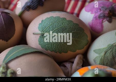 Zubereitung von Eiern für Ostern, Färben erfolgt mit natürlichen Zutaten aus Gräsern und Kräutern Stockfoto