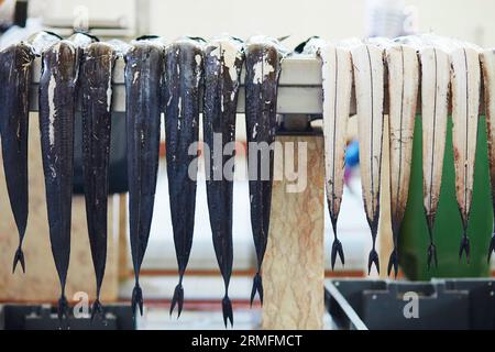 Atlantische Largehead Hairtails (auch espada genannt) auf dem traditionellen Fischmarkt Mercado dos Lavradores in Funchal, Madeira Insel, Portuga Stockfoto