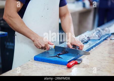 Man schneidet auf dem traditionellen Fischmarkt Mercado dos Lavradores in Funchal, Madeira isla, Atlantische Largehead-Haarschwänze (auch espada genannt) Stockfoto