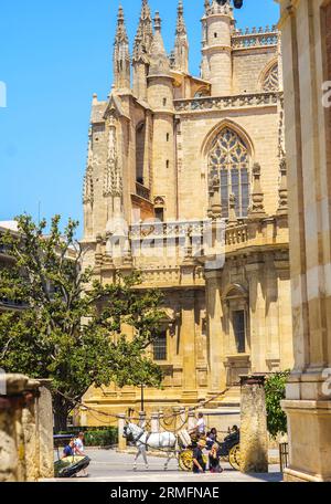 Pferdekutsche mit Touristen für eine Fahrt vor der Südseite der Kathedrale von Sevilla. Sevilla, Andalusien, Spanien. Stockfoto