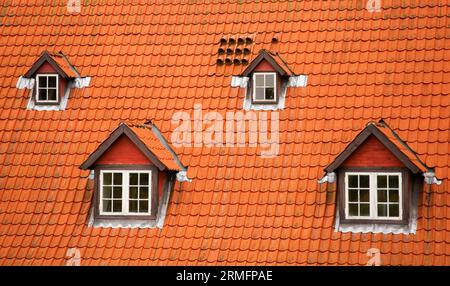 Rotes Ziegeldach und Garrets Stockfoto