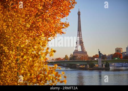 Malerischer Blick auf den Eiffelturm über die seine von der Mirabeau-Brücke an einem hellen Herbsttag in Paris, Frankreich Stockfoto