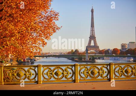Malerischer Blick auf den Eiffelturm über die seine von der Mirabeau-Brücke an einem hellen Herbsttag in Paris, Frankreich Stockfoto