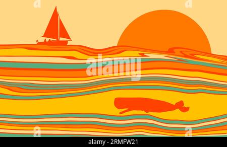 Ein Segelboot wird bei Sonnenuntergang auf buntem Wasser auf dem Meer gesehen, und ein Wal wird unter dem Boot in einer bunten Illustration über Segeln oder Segeln gesehen Stockfoto