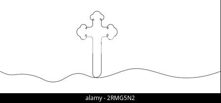 Christliches Kreuzvektorzeichen in durchgehender Linienzeichnung. Christlich-religiös-abstraktes Konzept. Ostersymbol, Trauerzug im Skizzenstil Stock Vektor