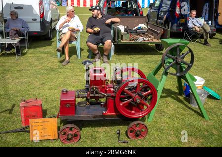 Ein Vater und Sohn, die alte stationäre Motorenliebhaber sind, sitzen und zeigen ihre Amanco-Maschine von 1911 auf einem Dorffest in Wisborough Green, West Stockfoto