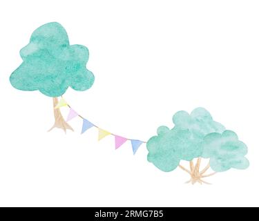 Von Hand gezeichneter Baum in Aquarellfarben mit farbenfroher Girlande im Kinderstil. Niedliches Designelement aus Grußkarten, Einladungen, Textil. Kann sein Stockfoto