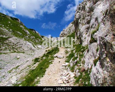 Hochalpines Tal im Triglav-Nationalpark und Julischen alpen, Slowenien mit einem Pfad, der in Richtung Zelnarica und Prehodavci führt, bedeckt mit Felsen und Bergen Stockfoto