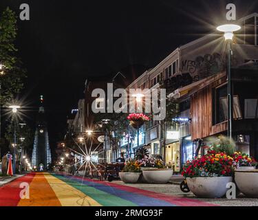 Permanente Regenbogenflagge auf der Straße (Skólavörðustígur), die nach Hallgrímskirkja in Reykjavik führt. Stockfoto