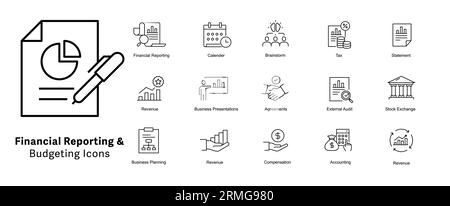 Symbole für Financial Reporting and Budgeting festgelegt. Finanzkommunikation, finanzielle Angaben, Abschlüsse. Pixel Perfect Vector Line-Symbole mit Stock Vektor