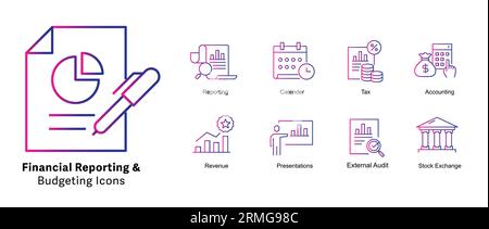 Symbole für Financial Reporting and Budgeting festgelegt. Finanzkommunikation, finanzielle Angaben, Abschlüsse. Pixel Perfect Vector Line-Symbole mit Stock Vektor