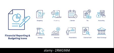 Symbole für Financial Reporting and Budgeting festgelegt. Finanzkommunikation, finanzielle Angaben, Abschlüsse. Pixel Perfect Vector Line-Symbole mit Stock Vektor