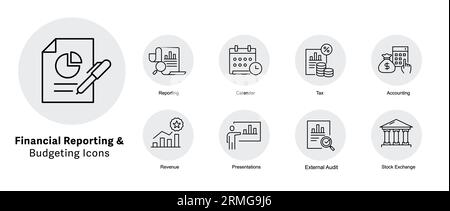 Symbole für Financial Reporting and Budgeting festgelegt. Finanzkommunikation, finanzielle Angaben, Abschlüsse. Pixel Perfect Vector Line-Symbole mit Stock Vektor