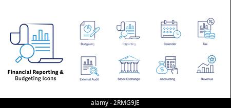 Symbole für Financial Reporting and Budgeting festgelegt. Finanzkommunikation, finanzielle Angaben, Abschlüsse. Pixel Perfect Vector Line-Symbole mit Stock Vektor