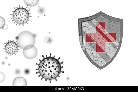 Viruszellen mit niedriger Polystruktur und Sicherheitsschild. Krankheitsinfektionsmedizin Gesundheitskonzept. Stock Vektor