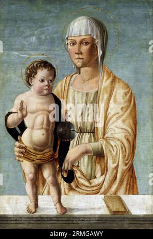 Madonna und Kind des frühen italienischen Renaissancekünstlers Bono da Ferrara oder Bono Ferrarese (aktiv 1441–1461), Tempera auf Holz, um 1440-50 Stockfoto