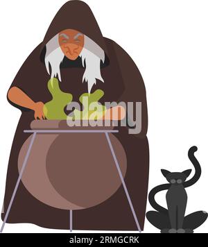 Medieval witch with potion cauldron. Old wizard woman in middle ages cartoon vector illustration Stock Vektor