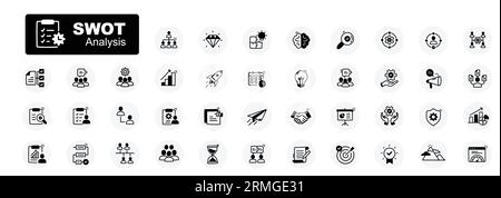 Bunte SWOT-Analysesymbole. Vektor Bearbeitbare Kontursymbole. Stock Vektor