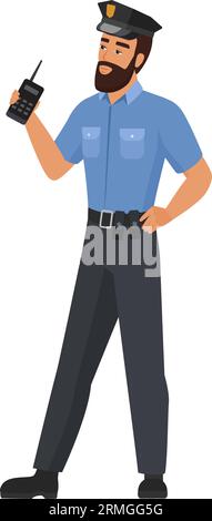 Polizist mit Walkie-Talkie-Radio. Polizeibeamter-Wächter-Zeichentrickvektor-Illustration Stock Vektor