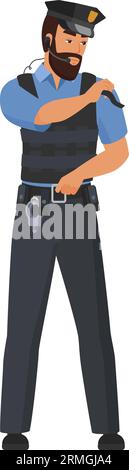Polizist spricht auf Kopfhörern. Streifenpolizist mit Walkie Talkie-Zeichentrick-Vektor-Illustration Stock Vektor
