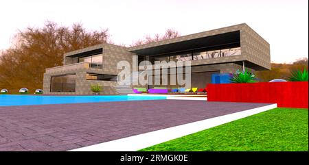 Modernes Landhaus mit trendigen Metallpaneelen. Blauer Pool auf dem Territorium. Herbstlandschaft im Hintergrund. 3D-Rendering, Stockfoto