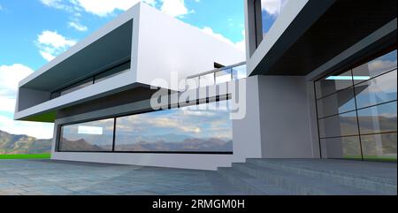 Breite Betontreppen der Veranda mit reflektierender Glastür. Weißer Putz als Wandveredelung. 3D-Rendering. Stockfoto