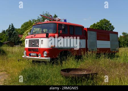 Waltershausen, Deutschland - 11. Juni 2023: Alte defekte IFA W50 Feuerwehr steht auf dem Gras. Stockfoto