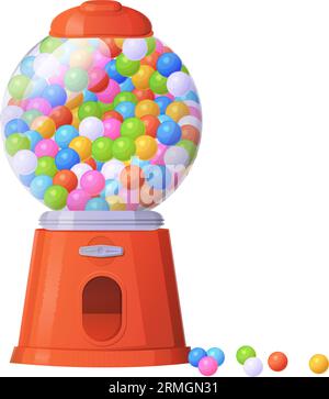 Gummiballmaschine voller Gummibonbons. Automatenkonzept. Vektorillustration im realistischen Zeichentrickstil isoliert auf weiß. Stock Vektor