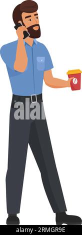 Polizist telefoniert. Polizeibeamter mit Kaffee-Cartoon-Vektor-Illustration zum Mitnehmen Stock Vektor