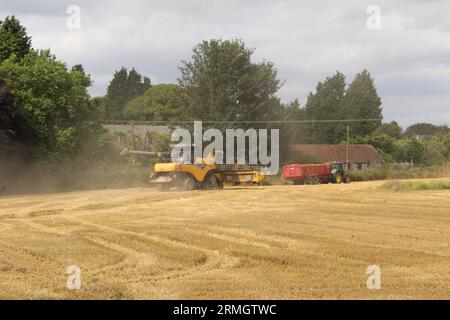 Ackerland in der Nähe von Airmyn in der Nähe der Boothferry Bridge im East Riding of Yorkshire UK. Ein Mähdrescher, der im späteren Sommer Weizen erntet Stockfoto