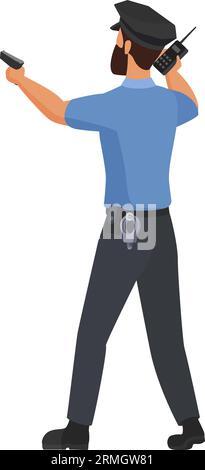 Rückansicht des Polizisten, der mit der Waffe zeigt. Polizeibeamter ruft auf Walkie Talkie Cartoon Vektor Illustration Stock Vektor