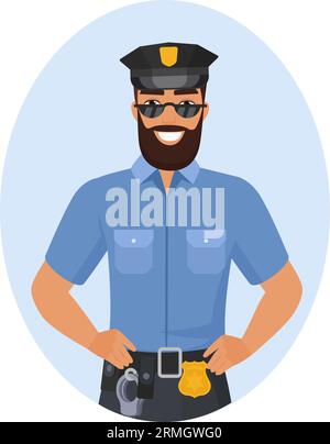 Lächelnder Polizist mit Händen auf Hüften. Glücklicher Polizeibeamter in der Arbeit Uniform Cartoon Vektor Illustration Stock Vektor