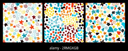 Set aus nahtlos farbigen, einfachen, hellen Hintergründen. Vektorillustration. Trendige helle Symbole und minimalistische Formtextur, Geometrie-Collage. Stock Vektor